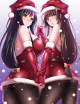  2girls :o amagami ass back bangs bare_shoulders belt black_hair black_legwear blunt_bangs blurry blush bow breasts brown_eyes brown_hair chestnut_mouth christmas commentary_request cowboy_shot crossover dress eyelashes fingerless_gloves fingernails from_behind gloves gradient gradient_background green_eyes hair_bow hat highres holding huge_breasts interlocked_fingers kamizaki_makoto kamizaki_risa long_hair looking_at_viewer looking_back low-tied_long_hair matching_outfit microdress multiple_girls orange_bow pantyhose parted_lips purple_background red_dress red_gloves red_hat santa_costume santa_hat seiren shiny shiny_clothes shouji_nigou small_breasts snowing thighband_pantyhose very_long_hair yellow_eyes 