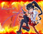  1girl alastor_(shakugan_no_shana) black_eyes black_hair black_legwear casual fire jewelry pendant ponytail shakugan_no_shana shana sword thigh-highs wallpaper weapon 