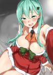  1girl bare_shoulders breasts christmas_tree_hair_ornament cleavage detached_collar detached_sleeves dress fang fur_trim green_eyes green_hair hair_between_eyes highres kantai_collection large_breasts long_hair long_sleeves looking_at_viewer red_dress santa_costume self_shot short_dress sitting solo suzuya_(kantai_collection) sweat yakitomeito 