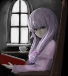  1girl book bow cup face female ginji_(sakaki_summer) hair_bow long_hair patchouli_knowledge purple_hair solo touhou violet_eyes 