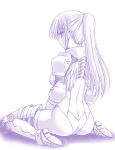  1girl armor ass butt_crack fantasy_earth_zero monochrome ponytail purple shigemiya_kyouhei solo 