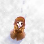  brown_hair coat footprints from_above hairband kanon looking_up mittens open_mouth red_eyes shima-shuu short_hair smile snow snowing tsukimiya_ayu 