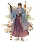  1boy bird chicken egasumi eyepatch flower hakama haori hatake_michi japanese_clothes katana lining male_focus original samurai sheath solo sword tabi unsheathing weapon 