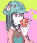  1girl apple food fruit glasses hat holding holding_fruit original solo 