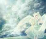  angel_wings bow clouds dress feathers flower hair_ornament lace wind wings yukise_miyu 
