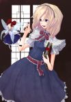  1girl :d alice_margatroid belt beshi blonde_hair blue_eyes blush book capelet doll fairy_wings female frills full_body grimoire holding holding_book necktie open_mouth red_necktie shanghai_doll short_hair size_difference smile solo touhou wings 