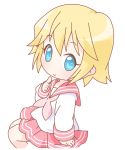  1girl blonde_hair blue_eyes blush chibi cropped_legs long_sleeves looking_at_viewer lucky_star mirai_(sugar) neckerchief patricia_martin pleated_skirt red_skirt sailor_collar school_uniform serafuku short_hair simple_background skirt solo white_background 