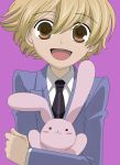  1boy blonde_hair haninozuka_mitsukuni happy hug male_focus necktie ouran_high_school_host_club rabbit school_uniform serafuku solo stuffed_animal stuffed_toy 