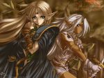  blonde_hair cape daniel_fielding dark_elf dark_skin deedlit elf gloves green_eyes grey_eyes long_hair pirotess pointy_ears record_of_lodoss_war silver_hair sword weapon 