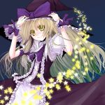  1girl beshi blonde_hair bow female frills hair_bow hand_on_headwear hat kirisame_marisa long_hair lowres smile solo star touhou witch_hat wrist_cuffs yellow_eyes 