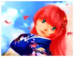  blue_eyes cherry_blossoms diana_jakobsson hair_ornament hairpin japanese_clothes kimono original redhead 