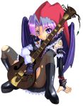  boots character_request demon_girl demon_wings earrings gothic_lolita guitar hat instrument jewelry kazuboh lolita_fashion pantyhose pointy_ears purple_hair short_hair source_request spread_legs torn_clothes torn_pantyhose violet_eyes wings 