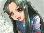  fang green_hair ikara long_hair school_uniform serafuku suzumiya_haruhi_no_yuuutsu tsuruya very_long_hair 