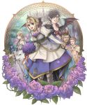  2girls 3boys armor armored_boots bouquet braid buckle cape castle crown dress elf facial_hair fairy flower hat hatake_michi multiple_boys multiple_girls original pointy_ears purple_rose rose size_difference sword tiara weapon wings wolf 
