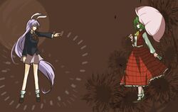  2girls animal_ears ascot blazer danmaku female green_hair hazuki_(starblue) kazami_yuuka long_hair long_skirt multiple_girls necktie plaid plaid_skirt plaid_vest pointing profile purple_hair rabbit_ears red_eyes reisen_udongein_inaba short_hair skirt skirt_set spell_card touhou umbrella very_long_hair youkai 