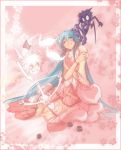  1girl 2boys angel_and_devil arrow blue_hair bow_(weapon) dress happy long_hair multiple_boys one_eye_closed pink pink_background shirotsuki smile very_long_hair weapon wink 
