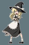  1girl :d apron bangs black_bow black_eyes black_hat black_shoes black_skirt black_vest blonde_hair bow braid crossed_arms female frilled_apron frills full_body hair_bow hat hat_bow hat_ribbon kirisame_marisa legs_apart long_hair mary_janes mzh open_mouth puffy_short_sleeves puffy_sleeves ribbon shirt shoes short_sleeves simple_background skirt smile socks solo standing touhou waist_apron white_apron white_bow white_legwear white_ribbon white_shirt witch_hat 