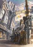  1girl city k_kanehira robot scenery science_fiction sitting solo_focus suitcase 
