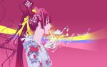  1girl japanese_clothes kimono long_hair pink pink_background pink_hair ribbon skull solo tenjou_tenge wallpaper 