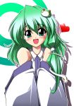  1girl bare_shoulders blush detached_sleeves female frog_hair_ornament green_eyes green_hair hair_ornament heart japanese_clothes kochiya_sanae looking_at_viewer miko smile snake_hair_ornament solo touhou 