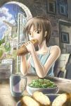 1girl bowl bread brown_eyes brown_hair camisole chair cityscape clouds cup eating food k_kanehira picture_frame ruins scenery sky table 