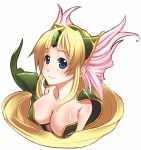  1girl blonde_hair blue_eyes breasts cleavage head_wings helmet long_hair ribbon riesz seiken_densetsu seiken_densetsu_3 smile winged_helmet 