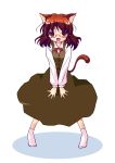  1girl animal_ears bow bowtie brown_eyes brown_hair cat_ears cat_tail dress female footwear full_body glasses messy_hair naitou_satoshi simple_background smile socks solo tail upskirt v_arms wind_lift 