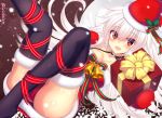  1girl absurdres bare_shoulders bell blush box breasts choker christmas fur_trim gift gloves hat highres long_hair looking_at_viewer murasame_shia open_mouth original panties pantyshot red_eyes red_gloves red_panties ribbon santa_hat silver_hair smile solo thigh-highs twitter_username underwear 