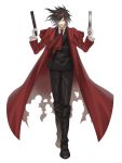  1boy alucard_(hellsing) black_hair coat dual_wielding formal gloves grin gun handgun hatake_michi hellsing male_focus necktie overcoat pistol red_coat red_eyes smile solo suit torn_clothes vampire weapon white_gloves 