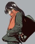  1girl bad_id bag black_hair blush covering_mouth crying from_side grey_background hands_in_pockets long_hair magomago red_scarf scarf simple_background solo tears 