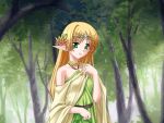 1girl bare_shoulders blonde_hair elf forest game_cg green_eyes kannatsuki_noboru long_hair maou_to_odore! nature pointy_ears solo source_request 