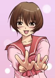  brown_eyes brown_hair foreshortening nagaoka_shiho sakaki_imasato school_uniform serafuku short_hair to_heart 