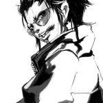  1girl collar evil_smile facial_hair falcoon long_hair long_sleeves looking_at_viewer looking_back lowres monochrome mustache original smile solo sunglasses upper_body 