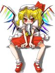 1girl blonde_hair blush female flandre_scarlet full_body gengorou hat mary_janes mouth_hold panties ribbon shoes short_hair solo touhou underwear white_background wings 