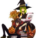  black_hair black_legwear bracelet c.c. code_geass cross dress food gloves green_hair halloween hat jack-o&#039;-lantern jewelry lelouch_lamperouge long_hair pants pantyhose pizza pizza_hut product_placement pumpkin tsuki_yuuhi violet_eyes witch witch_hat yellow_eyes 