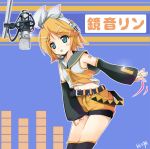  1girl :o bangs belt blonde_hair blue_background buckle character_name cowboy_shot detached_sleeves hair_ornament hair_ribbon hairclip kagamine_rin microphone number open_mouth ribbon sailor_collar short_sleeves shorts simple_background solo standing swept_bangs tattoo text tomusooya vocaloid white_ribbon 