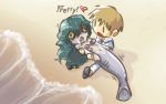  1boy 1girl :&lt; beach chibi couple creepy grey_skin heart hetero john_su mermaid monster_girl open_mouth sand sharp_teeth smile tail teeth twitching wet yellow_eyes |_| 