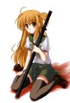  1girl arisa_bannings blonde_hair burning_arisa cosplay kugimiya_rie long_hair lyrical_nanoha mahou_shoujo_lyrical_nanoha redhead school_uniform seiyuu_connection serafuku shakugan_no_shana shana shana_(cosplay) solo sword thigh-highs weapon zettai_ryouiki 