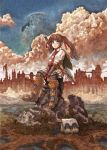  1girl armor bad_id bag blue_eyes boots bracer brown_hair city cityscape clouds fantasy isakawa isakawa_megumi moon original scenery solo sword twintails weapon 
