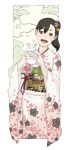  1girl arata_yokoyama flower furisode hair_ornament japanese_clothes kimono mouse nababa new_year original ponytail solo 