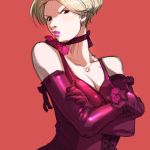  1girl blonde_hair breasts choker cleavage dress earrings elbow_gloves falcoon flower formal gloves jewelry king_(snk) king_of_fighters lipstick makeup red_dress rose ryuuko_no_ken short_hair snk solo the_king_of_fighters 