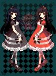  2girls bangs black_&amp;_white black_dress black_ribbon black_shoes blunt_bangs checkered dress enma_ai footwear frills gothic_lolita hime_cut jigoku_shoujo juke kneehighs lolita_fashion multiple_girls patterned_legwear red_&amp;_white red_dress red_ribbon red_shoes ribbon shoes siblings sisters socks striped striped_legwear twins two-tone_stripes 