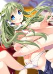  1girl ass blue_eyes frog_hair_ornament green_eyes green_hair hair_ornament holding kochiya_sanae long_hair looking_at_viewer minigirl miyase_mahiro out_of_frame panties panty_pull pleated_skirt pov pov_hands skirt snake_hair_ornament solo_focus touhou underwear 