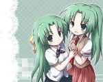  2girls dollar green_eyes green_hair higurashi_no_naku_koro_ni multiple_girls ponytail siblings sisters sonozaki_mion sonozaki_shion twins 