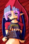  1girl bottomless boxcutter breasts character_request clothes_writing demon_girl demon_wings erect_nipples hat kazuboh knife midriff mouth_hold nirvana_(band) out-of-frame_censoring pointy_ears purple_hair raglan_sleeves shirt shirt_tug short_hair solo source_request t-shirt torn_clothes under_boob violet_eyes wings 