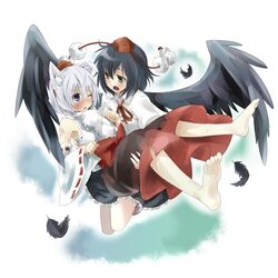  2girls animal_ears barefoot black_hair black_wings blue_eyes brown_eyes carrying detached_sleeves dog_ears feathers feet female flying injury inubashiri_momiji kiji_(manekinuko-tei) long_skirt multiple_girls one_eye_closed princess_carry scrapes shameimaru_aya skirt touhou white_hair wings wink wolf_ears 