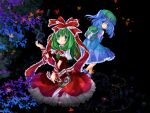  2girls anna_(artist) anna_(small_night) bag blue_hair female front_ponytail green_hair hane_(x20285) hat kagiyama_hina kawashiro_nitori leaf long_hair multiple_girls ribbon short_hair touhou two_side_up 