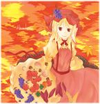  1girl aki_minoriko blonde_hair cowboy_shot dress female floral_print food frills fruit grapes hat looking_at_viewer mob_cap puffy_short_sleeves puffy_sleeves red_dress red_eyes red_ribbon ribbon short_hair short_sleeves solo touhou uri_uri 