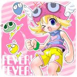  1girl ;q amitie bare_shoulders beret blonde_hair blue_eyes bracelet compile creature fang flipped_hair hat jewelry lowres madou_monogatari one_eye_closed open_mouth puyo_(puyopuyo) puyopuyo puyopuyo_fever short_hair shorts solo sweater_vest tongue tongue_out turtleneck wink 