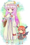  2girls bat_wings black_dress book bow demon_girl dress female frills full_body hair_bow hat head_wings height_difference holding holding_book jitome koakuma long_hair long_sleeves looking_at_viewer michii_yuuki mob_cap multiple_girls patchouli_knowledge purple_hair red_eyes redhead robe standing succubus the_embodiment_of_scarlet_devil touhou very_long_hair violet_eyes wings younger 